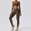 The model wearing Jiaocha Coffee Set Mojave Yoga Sets Sports Bra & Leggings - NUFIT STORE slimming shaper tight lifting jumpsuit romper leggings bodysuit yoga outfit set