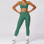 The model wearing Sea King Green Set Space Workout Sets Sportswear High Waist Leggings & Sports Bra Fitness Athletic Wear - NUFIT STORE front view slimming shaper tight lifting jumpsuit romper leggings bodysuit yoga outfit set