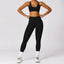 The model wearing Advanced Black Set Space Workout Sets Sportswear High Waist Leggings & Sports Bra Fitness Athletic Wear - NUFIT STORE front view slimming shaper tight lifting jumpsuit romper leggings bodysuit yoga outfit set