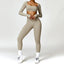 The model wearing Camel Brown Set Bahamas Yoga Set Sportswear Fitness Bra & Leggings - NUFIT STORE slimming shaper tight lifting jumpsuit romper leggings bodysuit yoga outfit set