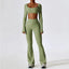 The model wearing Bean Green Set Mojave Yoga Sets Long Sleeve & Pants - NUFIT STORE slimming shaper tight lifting jumpsuit romper leggings bodysuit yoga outfit set