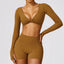 The model wearing Ginkgo Brown Set-5 Morocco Yoga Sets Long Sleeve & Stretch Shorts - NUFIT STORE slimming shaper tight lifting jumpsuit romper leggings bodysuit yoga outfit set