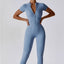 The model wearing Mojave Short Sleeve Jumpsuit slimming shaper tight lifting jumpsuit romper leggings bodysuit yoga outfit set