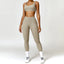 The model wearing Camel Brown Set Bahamas Yoga Set Sportswear Fitness Bra & Leggings - NUFIT STORE slimming shaper tight lifting jumpsuit romper leggings bodysuit yoga outfit set