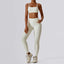 The model wearing Cream Apricot Set Mojave Yoga Sets Sports Bra & Leggings - NUFIT STORE slimming shaper tight lifting jumpsuit romper leggings bodysuit yoga outfit set