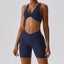 The model wearing Navy blue Valencia Yoga Clothing Sets Athletic Wear High Waist Shorts & Sports Bra - NUFIT STORE slimming shaper tight lifting jumpsuit romper leggings bodysuit yoga outfit set