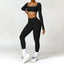 The model wearing Advanced Black Set Bahamas Yoga Set Sportswear Fitness Bra & Leggings - NUFIT STORE slimming shaper tight lifting jumpsuit romper leggings bodysuit yoga outfit set