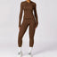 The model wearing Huacha Brown Set Jamaica Yoga Set Seamless Sportswear Long Sleeve & Leggings - NUFIT STORE slimming shaper tight lifting jumpsuit romper leggings bodysuit yoga outfit set