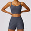 The model wearing Blue gray Set Monaco Yoga Set Crop Top & Shorts - NUFIT STORE slimming shaper tight lifting jumpsuit romper leggings bodysuit yoga outfit set