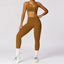 The model wearing Ginkgo Brown Set-4 Morocco Yoga Sets Sports Bra & Leggings - NUFIT STORE slimming shaper tight lifting jumpsuit romper leggings bodysuit yoga outfit set