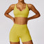 The model wearing Curry Yellow Set-3 Morocco Yoga Sets Sports Bra & Stretch Shorts - NUFIT STORE slimming shaper tight lifting jumpsuit romper leggings bodysuit yoga outfit set