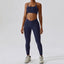 The model wearing navy blue set Valencia Yoga Clothing Sets Athletic Wear High Waist Leggings & Sports Bra - NUFIT STORE slimming shaper tight lifting jumpsuit romper leggings bodysuit yoga outfit set