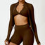 The model wearing Huacha Brown Miami Zipper Jacket Long Sleeved - NUFIT STORE slimming shaper tight lifting jumpsuit romper leggings bodysuit yoga outfit set