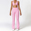 The model wearing Pink Santa Barbara Yoga Set Seamless High Waist Pants & Sports Bra - NUFIT STORE slimming shaper tight lifting jumpsuit romper leggings bodysuit yoga outfit set