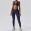 The model wearing Navy blue Valencia Yoga Clothing Sets Athletic Wear High Waist Leggings & Sports Bra - NUFIT STORE slimming shaper tight lifting jumpsuit romper leggings bodysuit yoga outfit set