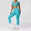 The model wearing Lake Blue Set Morocco Yoga Sets Crop Top & Leggings - NUFIT STORE slimming shaper tight lifting jumpsuit romper leggings bodysuit yoga outfit set