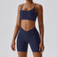 The model wearing Navy blue Valencia Yoga Clothing Sets Athletic Wear High Waist Shorts & Sports Bra - NUFIT STORE slimming shaper tight lifting jumpsuit romper leggings bodysuit yoga outfit set