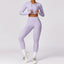 The model wearing Purple Set Jamaica Yoga Set Seamless Sportswear Long Sleeve Crop Top & Leggings - NUFIT STORE slimming shaper tight lifting jumpsuit romper leggings bodysuit yoga outfit set