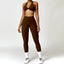 The model wearing Brown Set Miami Yoga Set Sport Bra & Legging - NUFIT STORE slimming shaper tight lifting jumpsuit romper leggings bodysuit yoga outfit set