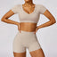 The model wearing Linen Set Morocco Yoga Sets Crop Top & Stretch Shorts - NUFIT STORE slimming shaper tight lifting jumpsuit romper leggings bodysuit yoga outfit set