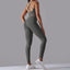 The model wearing Dark gray Maui Seamless Set Top & Leggings - NUFIT STORE slimming shaper tight lifting jumpsuit romper leggings bodysuit yoga outfit set