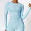 The model wearing Sky Blue Tribeca Long Sleeves - NUFIT STORE slimming shaper tight lifting jumpsuit romper leggings bodysuit yoga outfit set