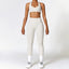 The model wearing Pearl Grey Set Cannes Yoga Set Leggings & Sports Bra - NUFIT STORE slimming shaper tight lifting jumpsuit romper leggings bodysuit yoga outfit set