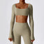 The model wearing Mojave Long Sleeved Crop Top slimming shaper tight lifting jumpsuit romper leggings bodysuit yoga outfit set