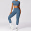 The model wearing Deep Sea Blue Set Bali Yoga Set Crop Top & Leggings - NUFIT STORE slimming shaper tight lifting jumpsuit romper leggings bodysuit yoga outfit set