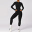 The model wearing Black Space Workout Sets Sportswear High Waist Leggings & Jacket Fitness Athletic Wear - NUFIT STORE slimming shaper tight lifting jumpsuit romper leggings bodysuit yoga outfit set