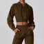 The model wearing Jiaocha Coffee Brooklyn Long Sleeved Sweater Jacket - NUFIT STORE slimming shaper tight lifting jumpsuit romper leggings bodysuit yoga outfit set