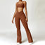 The model wearing Caramel Brown Set Portofino Yoga Sets Sports Bra & Pants - NUFIT STORE slimming shaper tight lifting jumpsuit romper leggings bodysuit yoga outfit set