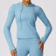 The model wearing Haze Blue Jamaica Yoga Long Sleeved Fitness Shirt - NUFIT STORE slimming shaper tight lifting jumpsuit romper leggings bodysuit yoga outfit set