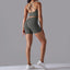 The model wearing Dark gray Maui Seamless Set Sports Bra & Shorts - NUFIT STORE slimming shaper tight lifting jumpsuit romper leggings bodysuit yoga outfit set