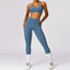 The model wearing Deep Sea Blue Set Bali Yoga Set Sports Bra & Leggings - NUFIT STORE slimming shaper tight lifting jumpsuit romper leggings bodysuit yoga outfit set